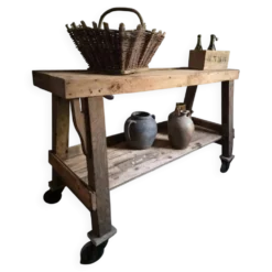 Îlot de cuisine établi français industriel, table de travail ancienne en châtaignier et chêne, vers 1900