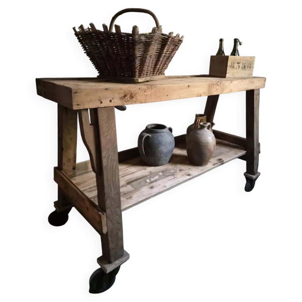Îlot de cuisine établi français industriel, table de travail ancienne en châtaignier et chêne, vers 1900