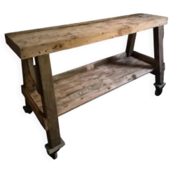 Îlot de cuisine établi français industriel, table de travail ancienne en châtaignier et chêne, vers 1900