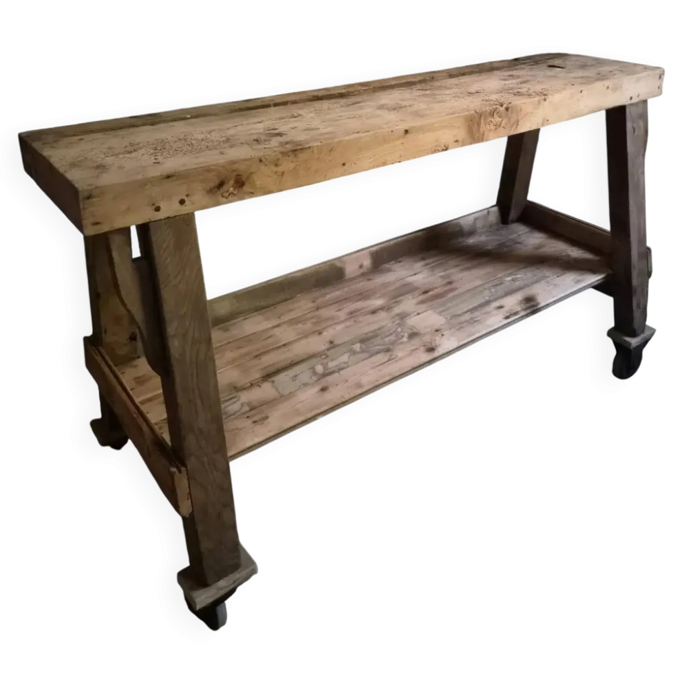 Îlot de cuisine établi français industriel, table de travail ancienne en châtaignier et chêne, vers 1900