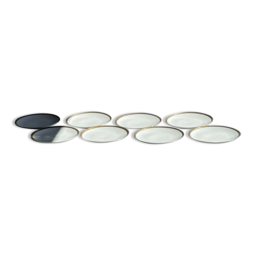 Lot de 6 grandes assiettes vintage en porcelaine blanche à frise dorée D24