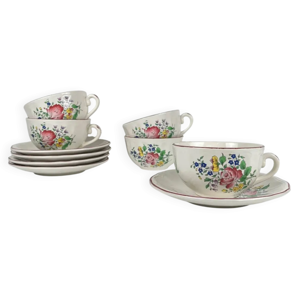 Lot de 5 grandes tasses avec soucoupes, modèle Réverbère par KG Lunéville