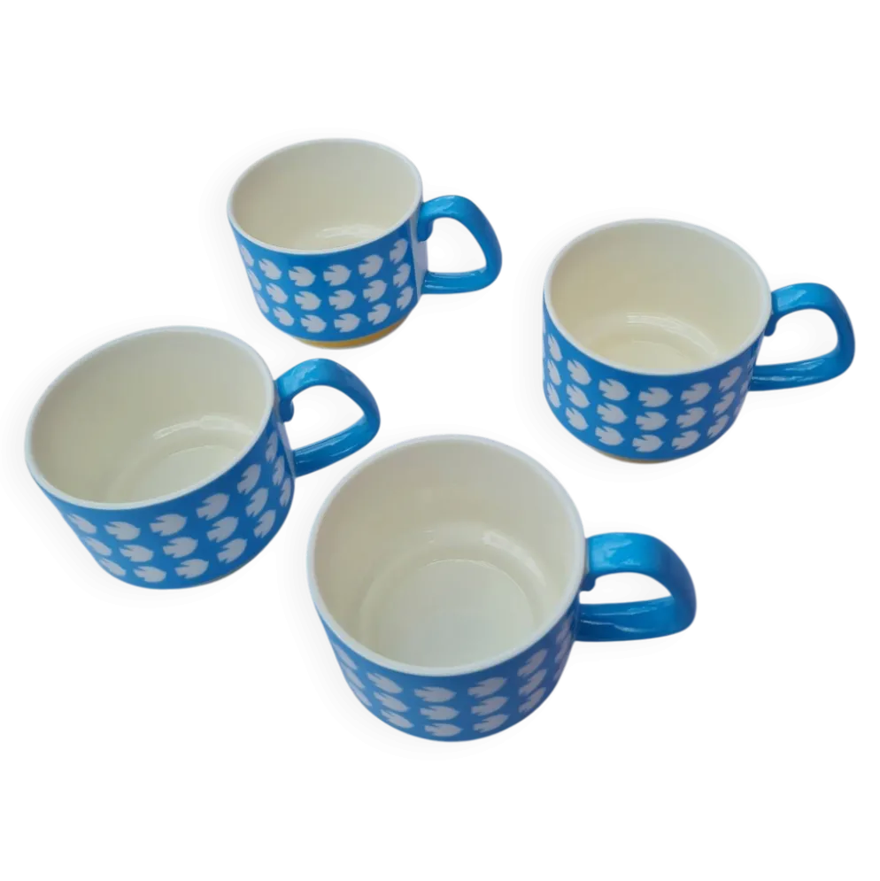 Lot de 4 grandes tasses en céramique au motif oiseaux - style rétro