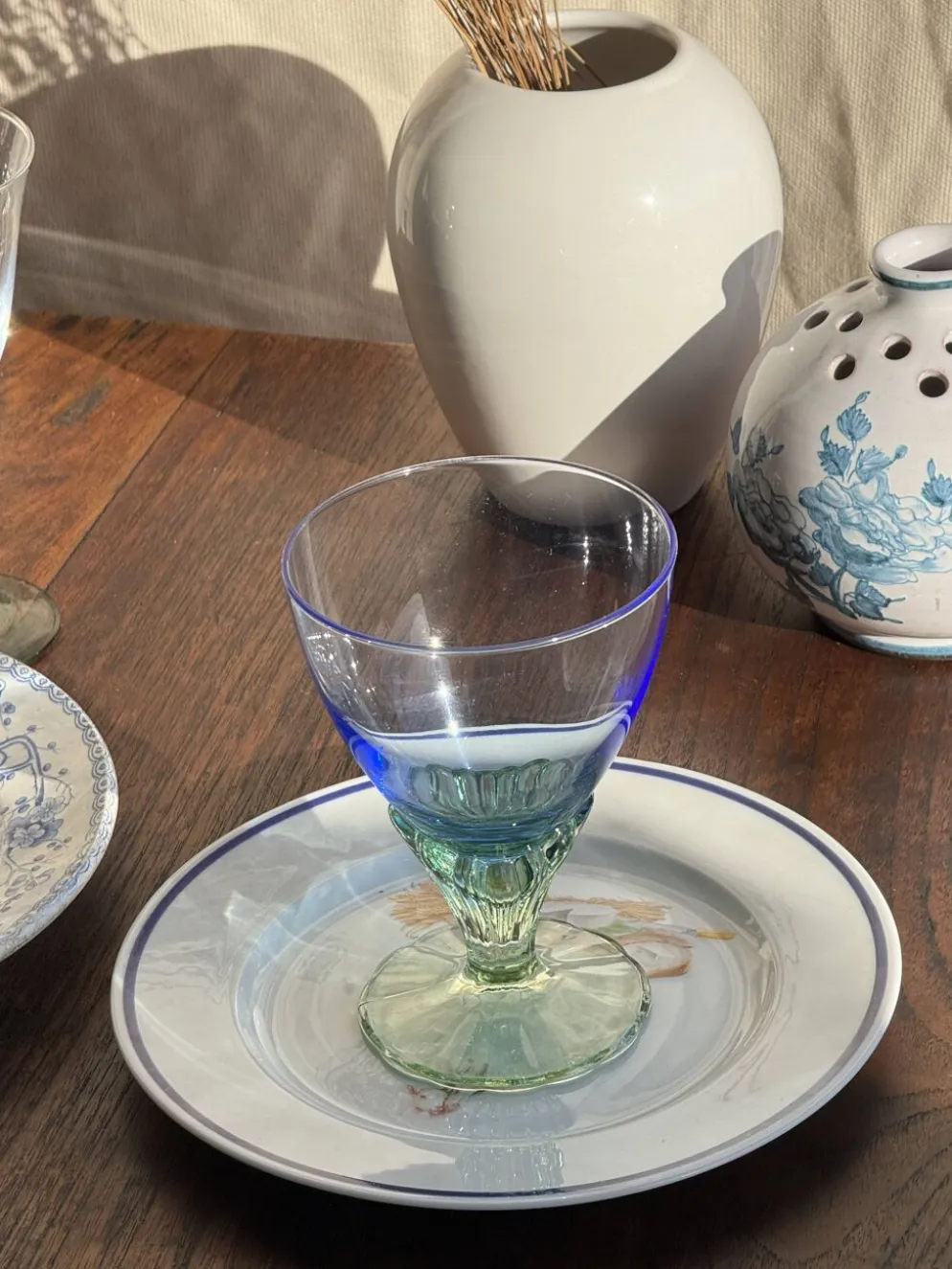 Lot de 4 grands verres bleu et vert H14 D10