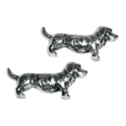 Lot de 2 porte-couteaux animaliers vintage chien teckel basset en métal argenté