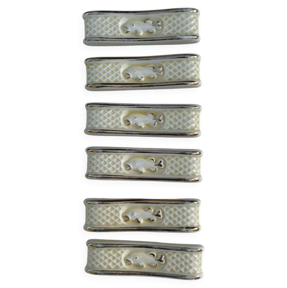 Lot de 6 porte-couteaux vintage en faïence – Décor poisson et treillis crèm