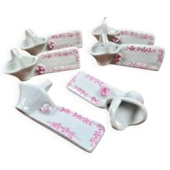 Lot de 6 repose-couteaux avec marque-nom vintage en porcelaine, forme panier