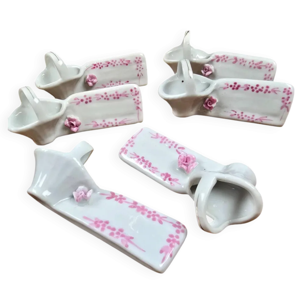 Lot de 6 repose-couteaux avec marque-nom vintage en porcelaine, forme panier