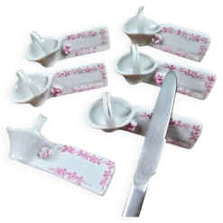 Lot de 6 repose-couteaux avec marque-nom vintage en porcelaine, forme panier