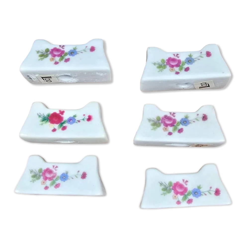 Lot de 6 repose-couteaux vintage, porcelaine blanche à fleurs