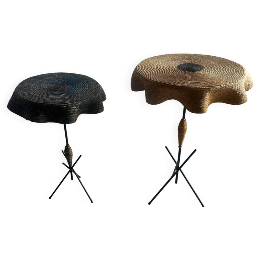 Lot de 2 tables d’appoint vintage italiennes en raphia