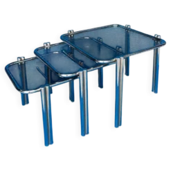 LOT DE 3 TABLES GIGOGNE METAL CHROME DOUBLE PIETEMENT ET VERRES FUMES