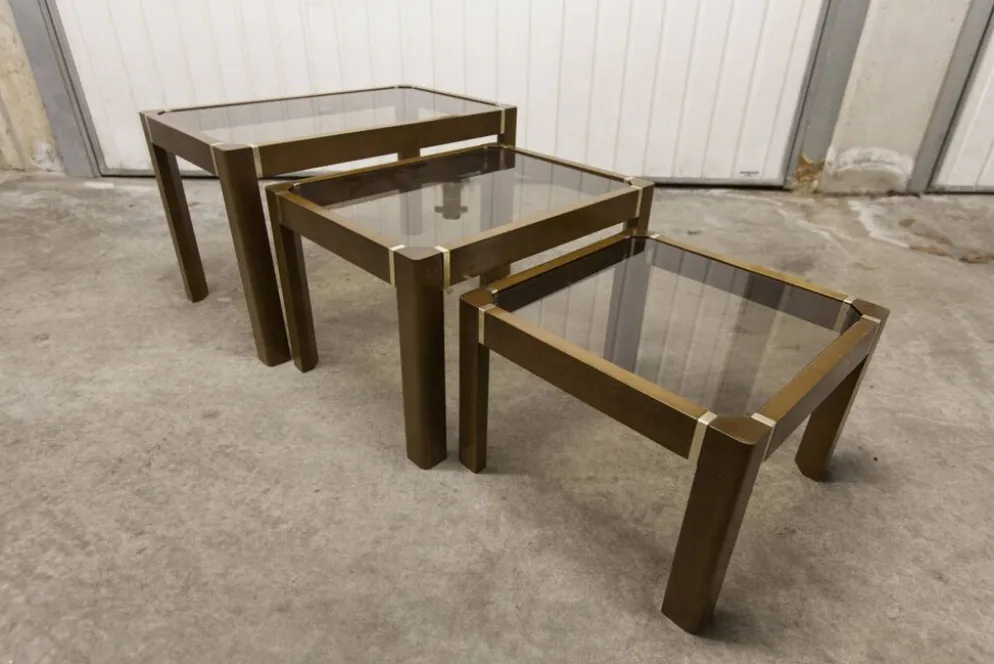 Lot de 3 tables gigogne orme et verre fumé 1970