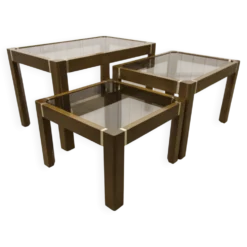 Lot de 3 tables gigogne orme et verre fumé 1970
