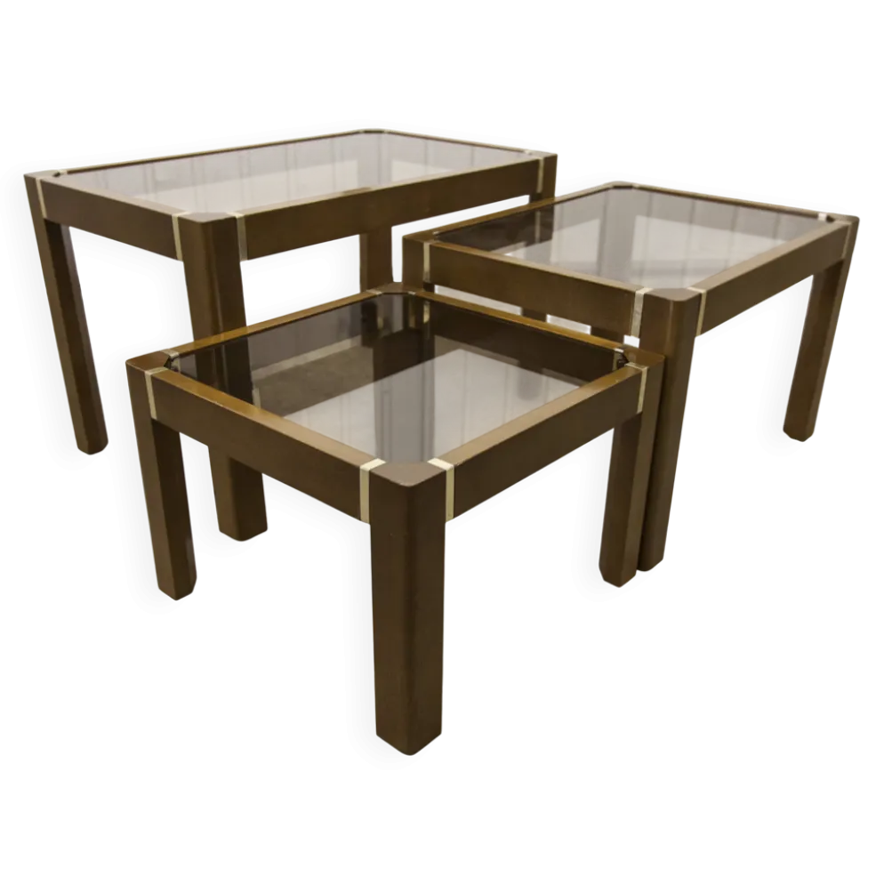 Lot de 3 tables gigogne orme et verre fumé 1970