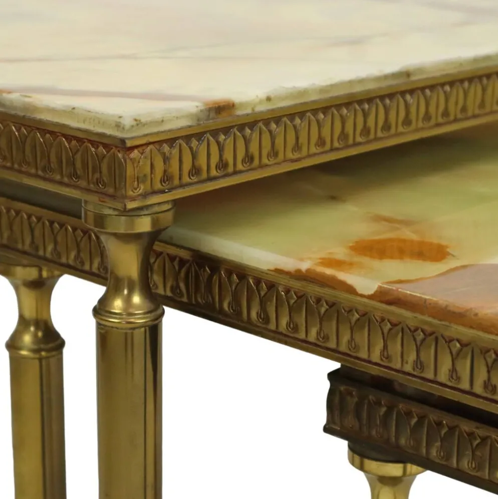 Lot de 3 tables gigognes onyx marbre cadre cuivre années 50 france