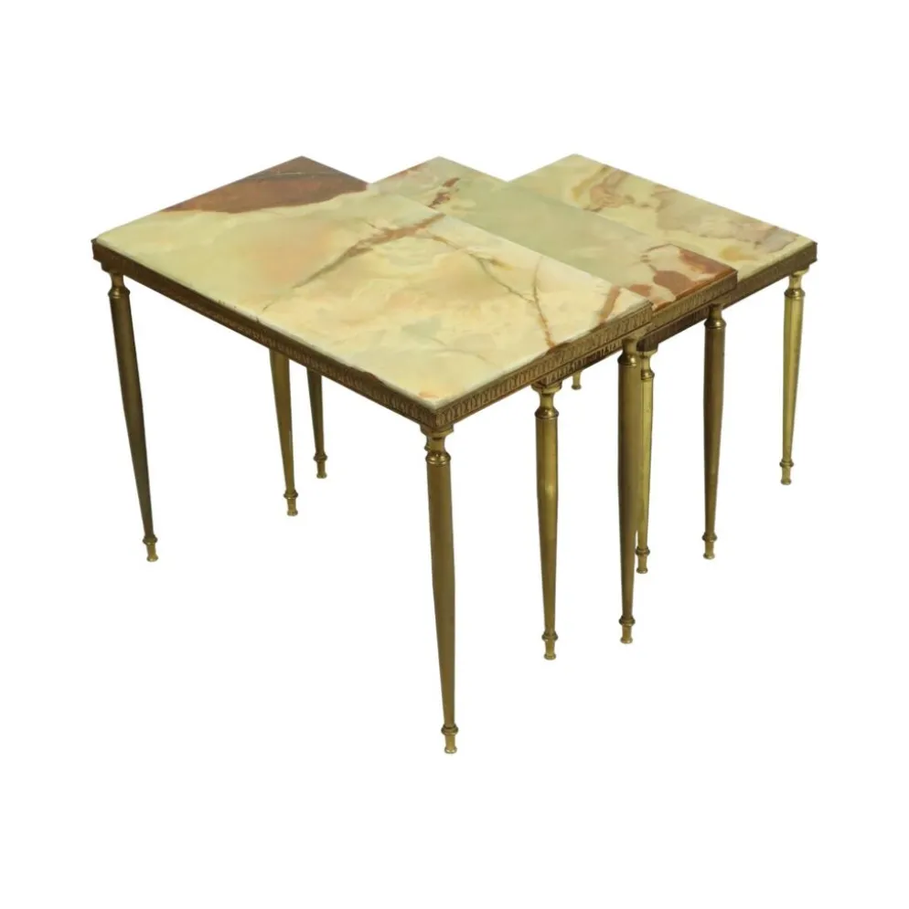 Lot de 3 tables gigognes onyx marbre cadre cuivre années 50 france