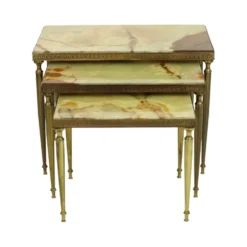 Lot de 3 tables gigognes onyx marbre cadre cuivre années 50 france