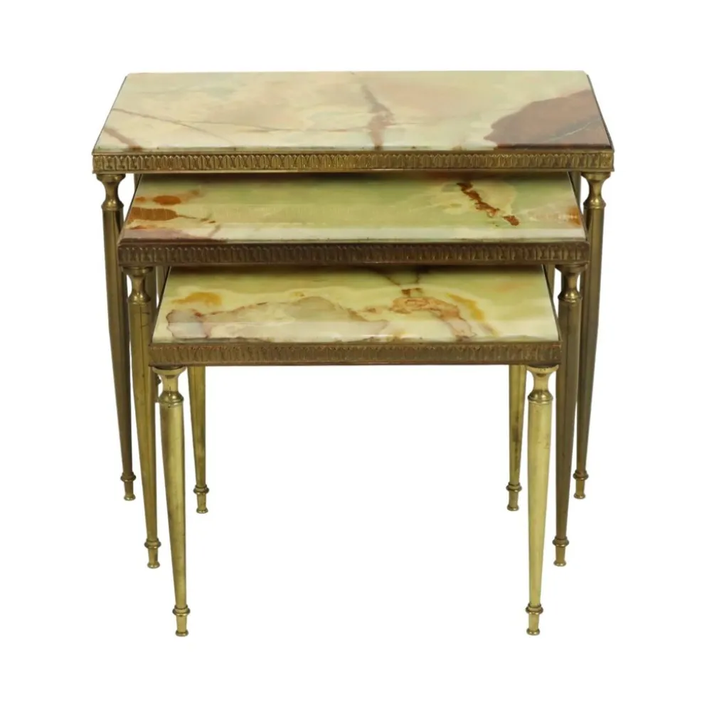 Lot de 3 tables gigognes onyx marbre cadre cuivre années 50 france