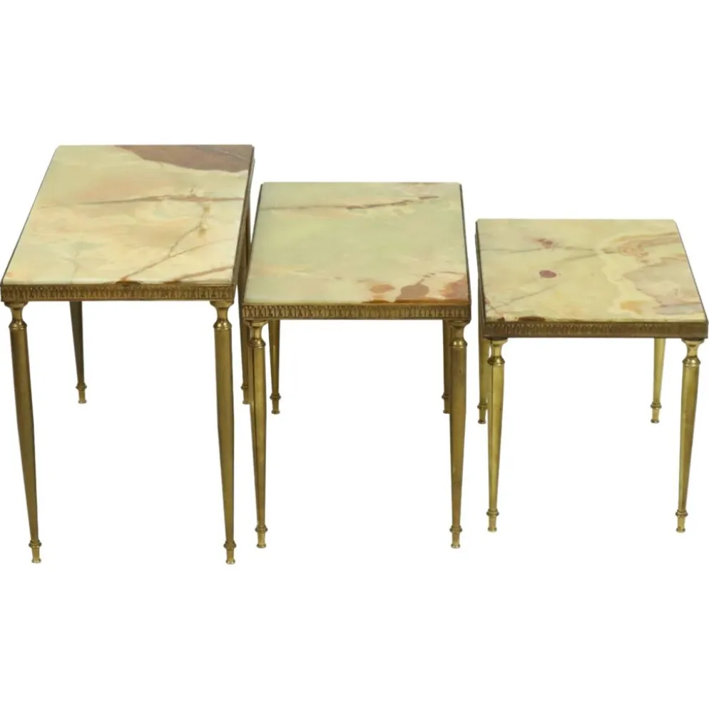 Lot de 3 tables gigognes onyx marbre cadre cuivre années 50 france