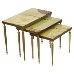 Lot de 3 tables gigognes onyx marbre cadre cuivre années 50 france