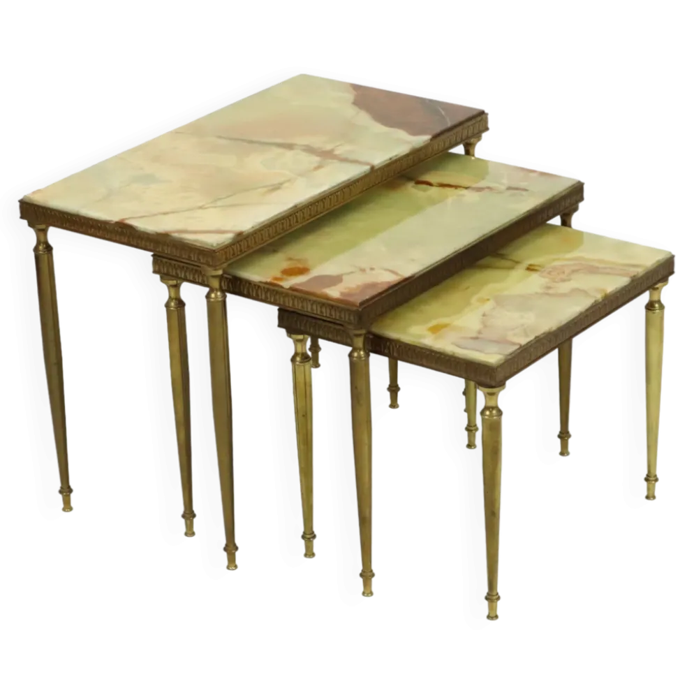 Lot de 3 tables gigognes onyx marbre cadre cuivre années 50 france