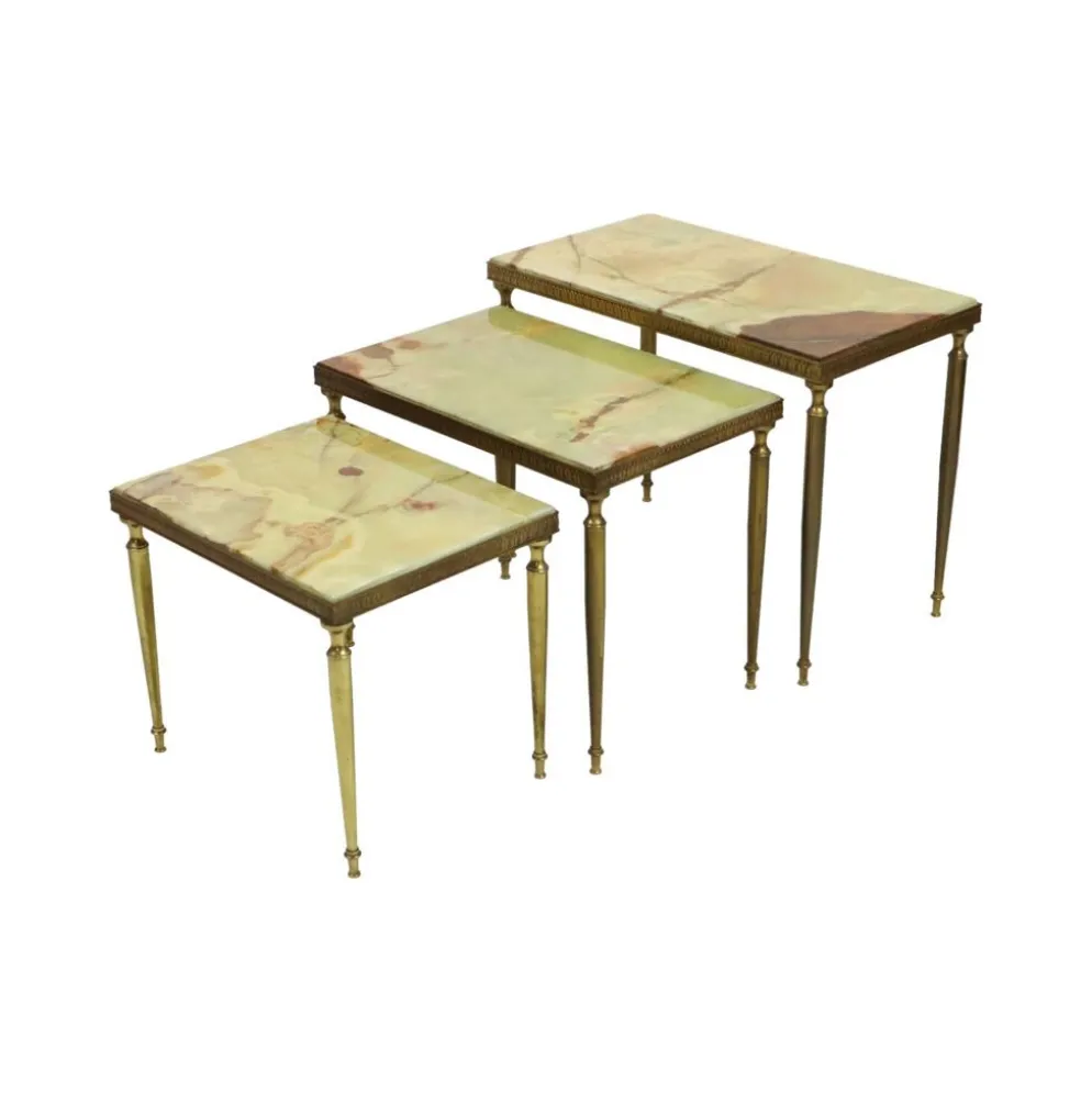 Lot de 3 tables gigognes onyx marbre cadre cuivre années 50 france