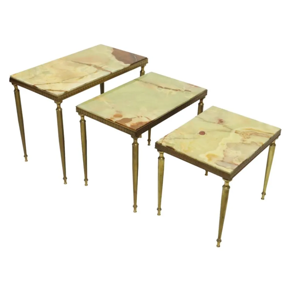 Lot de 3 tables gigognes onyx marbre cadre cuivre années 50 france