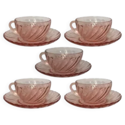 Lot de 5 tasses à café + sous-tasses – Verre rose Rosaline Arcoroc – Années