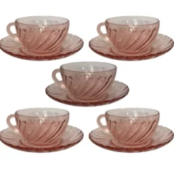 Lot de 5 tasses à café + sous-tasses – Verre rose Rosaline Arcoroc – Années