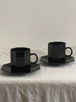 Lot de 2 tasses et sous-tasses Octime octogonales en verre noir