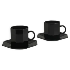Lot de 2 tasses et sous-tasses Octime octogonales en verre noir