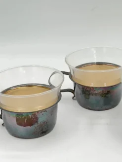 Lot de 3 verres à thé vintage avec porte-verres en métal argenté