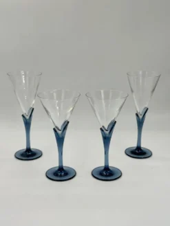 Lot de 4 verres à vin italiens vintage à tiges sculpturales bleues, deux tailles