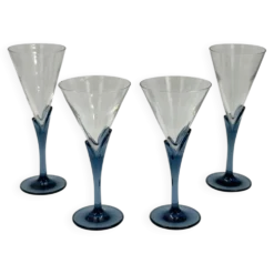 Lot de 4 verres à vin italiens vintage à tiges sculpturales bleues, deux tailles