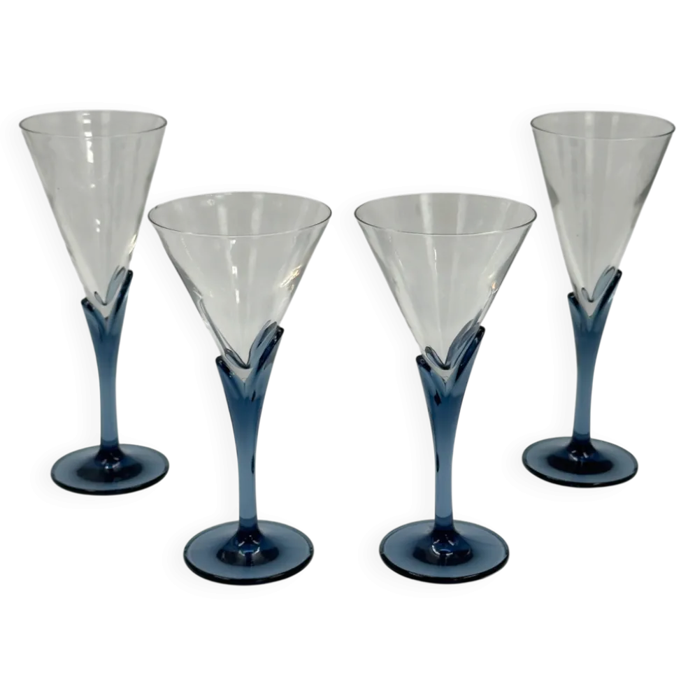Lot de 4 verres à vin italiens vintage à tiges sculpturales bleues, deux tailles