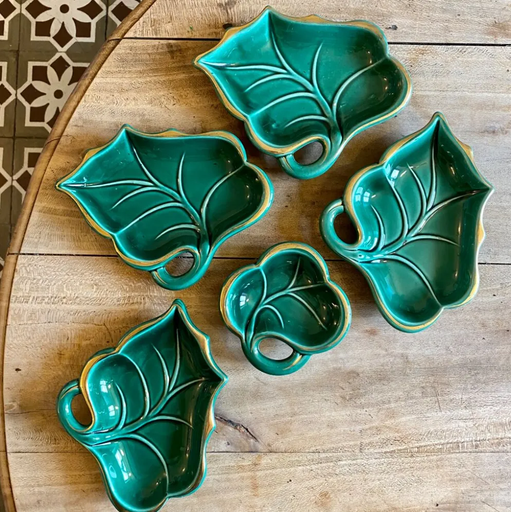 Lot de 5 vide-poches ou raviers vintage en céramique verte et dorée