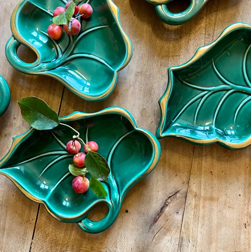 Lot de 5 vide-poches ou raviers vintage en céramique verte et dorée