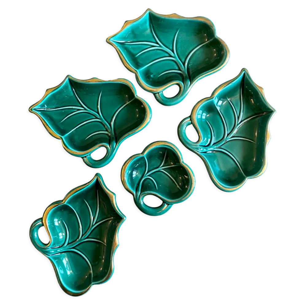 Lot de 5 vide-poches ou raviers vintage en céramique verte et dorée