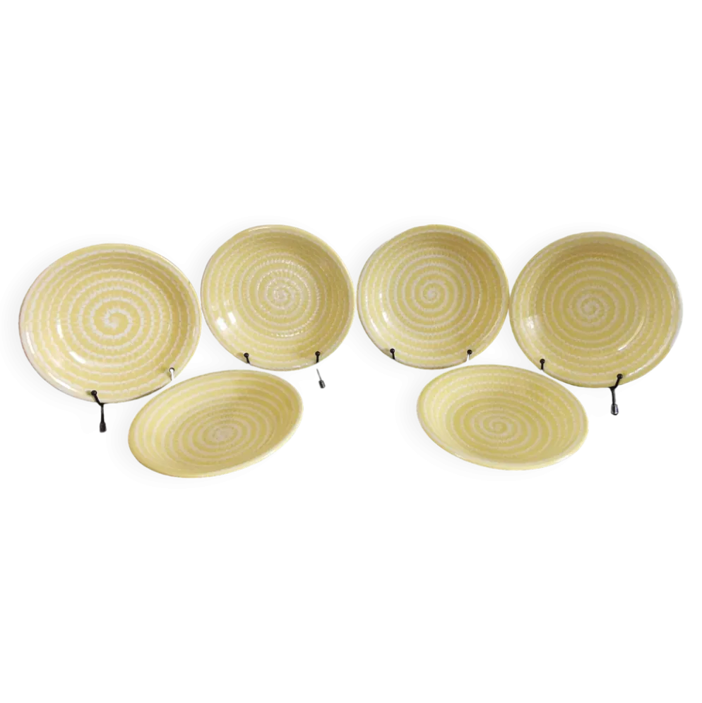 Lots de 6 anciennes assiettes creuses Longchamp France jaune soleil
