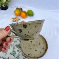 Lot tasse et soucoupe en grès pyrité