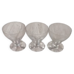 Lot 3 Verres a Liqueur Pied Verre Vintage Gravures Florales Goutte