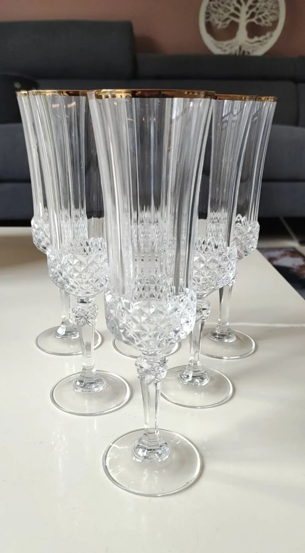 Lot 6 x Flûtes à Champagne cristal/Mod Valencay Gold/Cristal d Arques