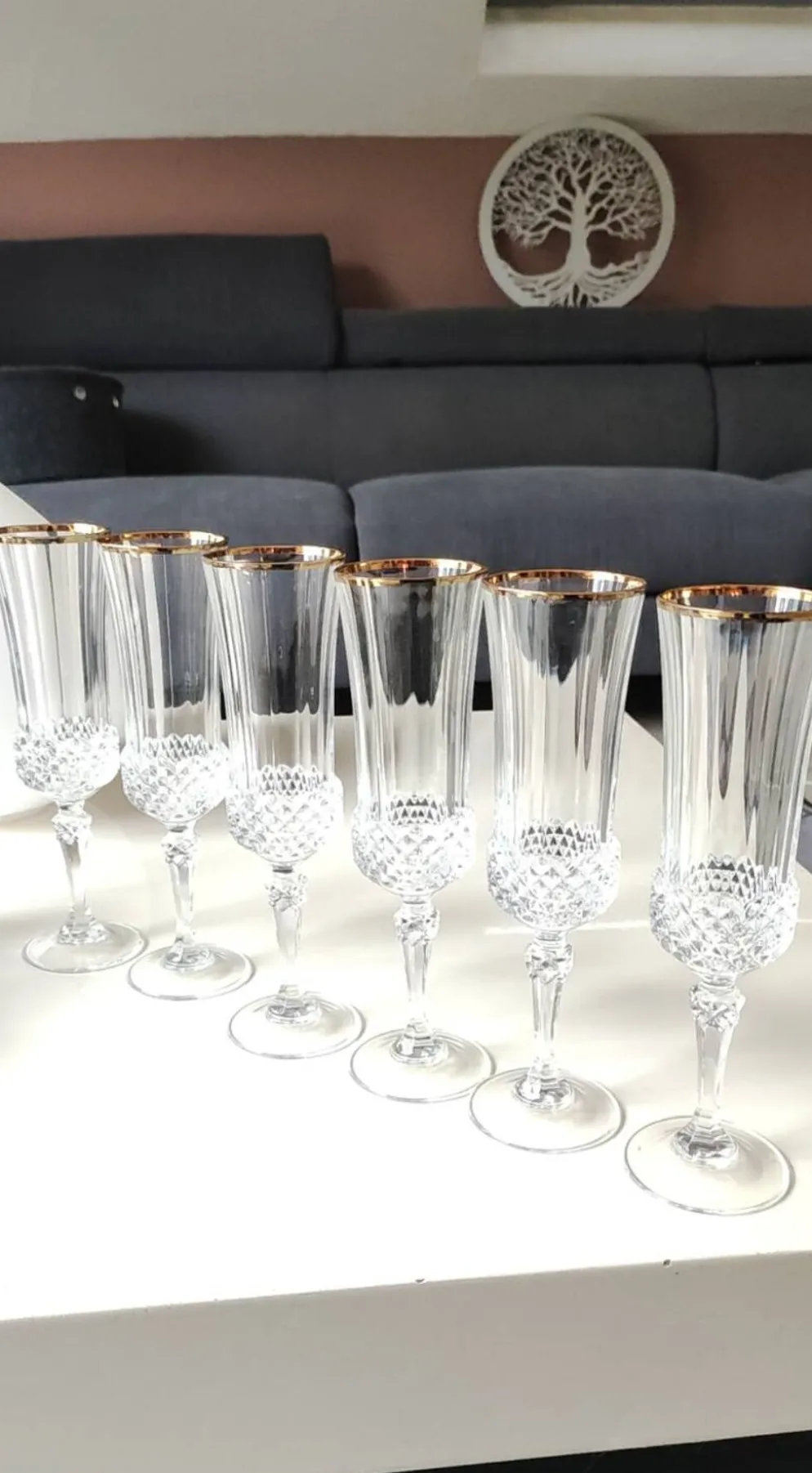 Lot 6 x Flûtes à Champagne cristal/Mod Valencay Gold/Cristal d Arques