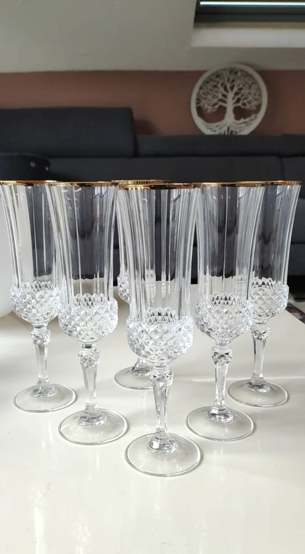 Lot 6 x Flûtes à Champagne cristal/Mod Valencay Gold/Cristal d Arques