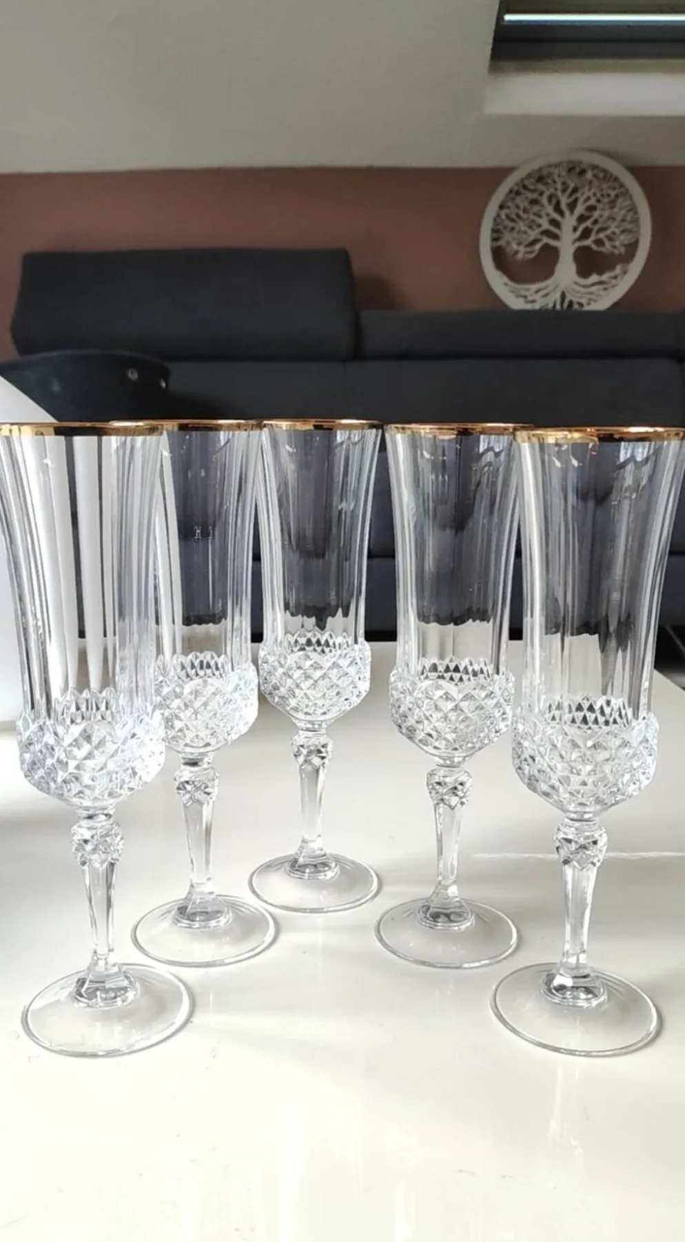 Lot 6 x Flûtes à Champagne cristal/Mod Valencay Gold/Cristal d Arques