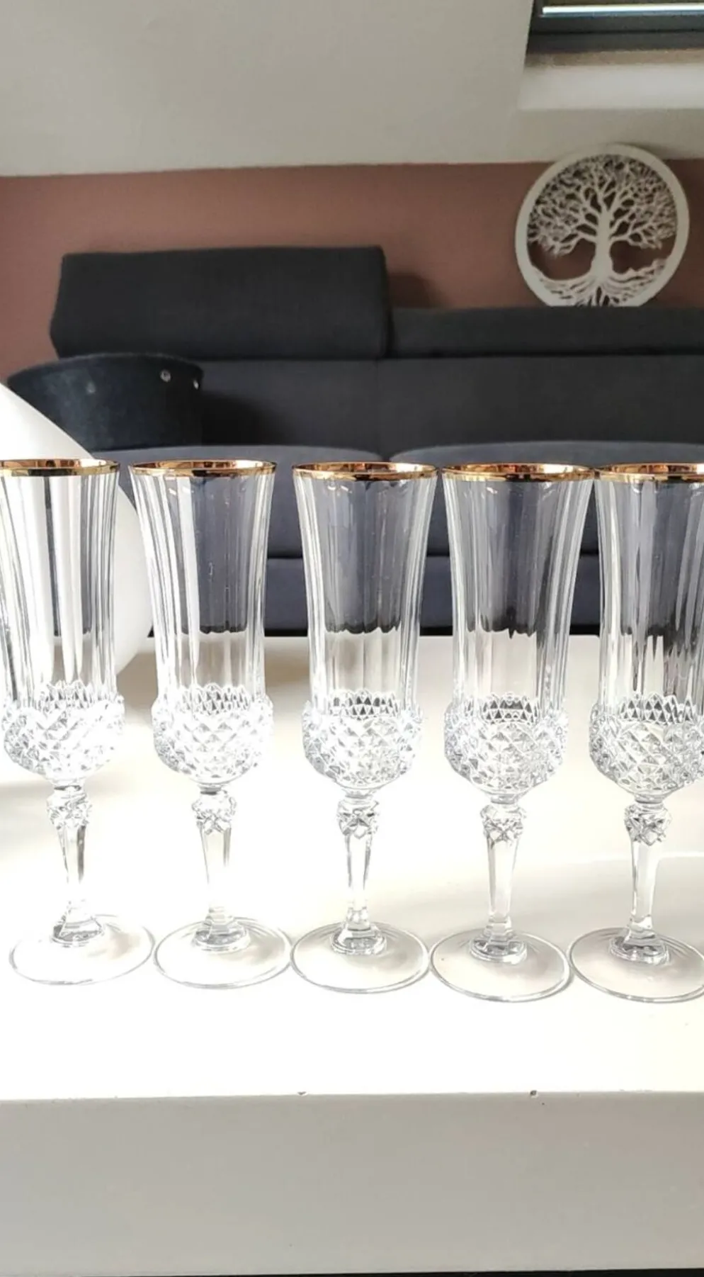 Lot 6 x Flûtes à Champagne cristal/Mod Valencay Gold/Cristal d Arques