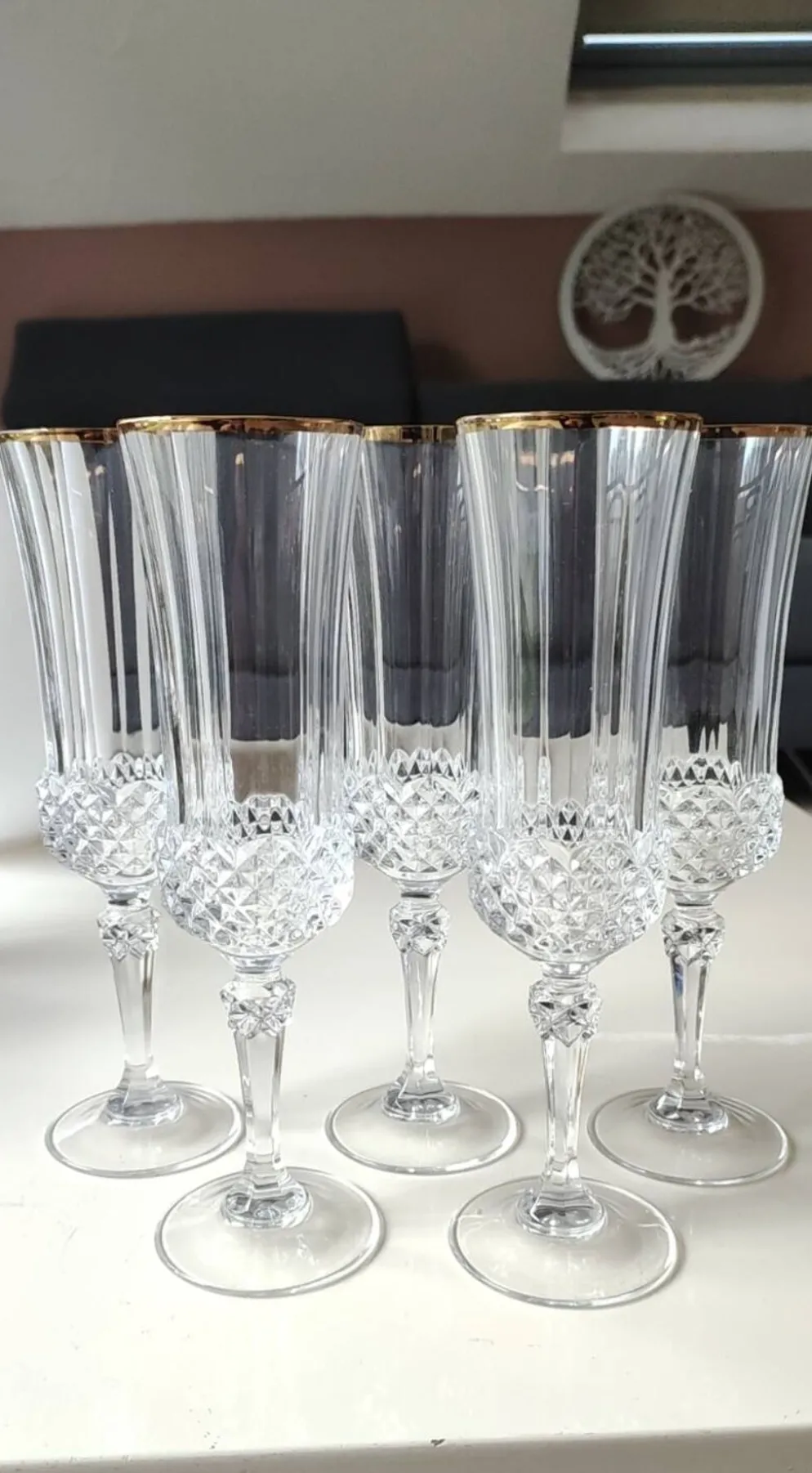 Lot 6 x Flûtes à Champagne cristal/Mod Valencay Gold/Cristal d Arques