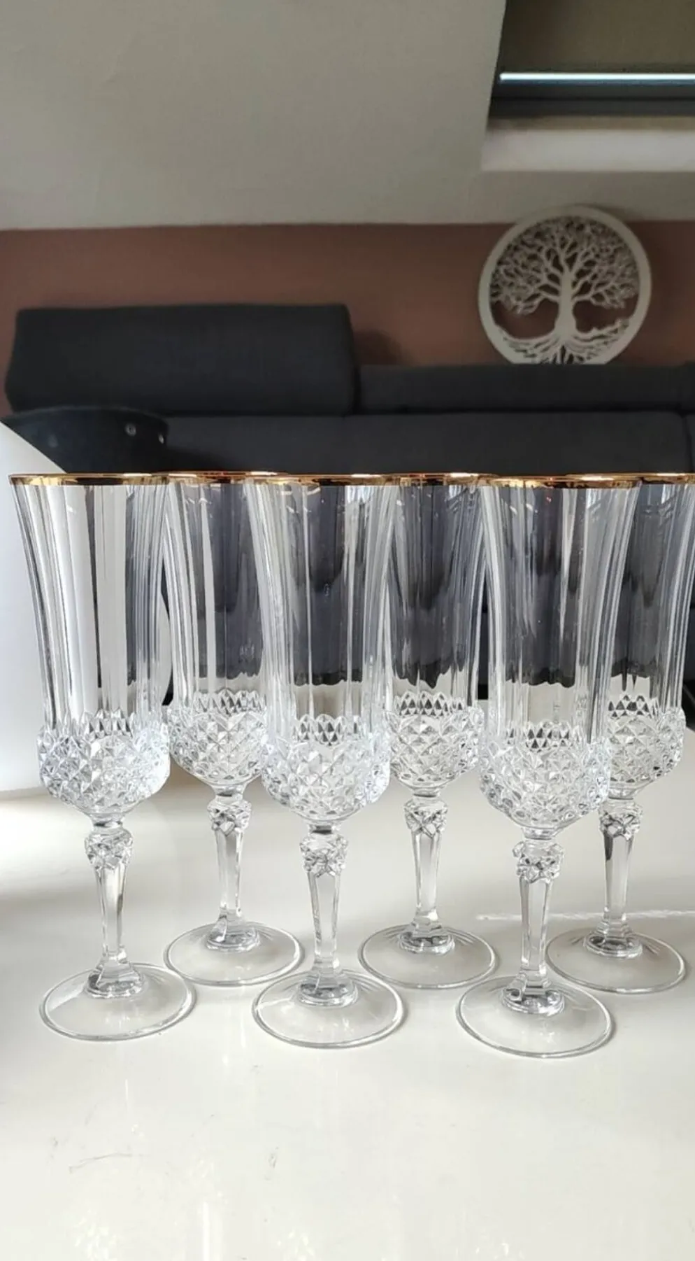 Lot 6 x Flûtes à Champagne cristal/Mod Valencay Gold/Cristal d Arques