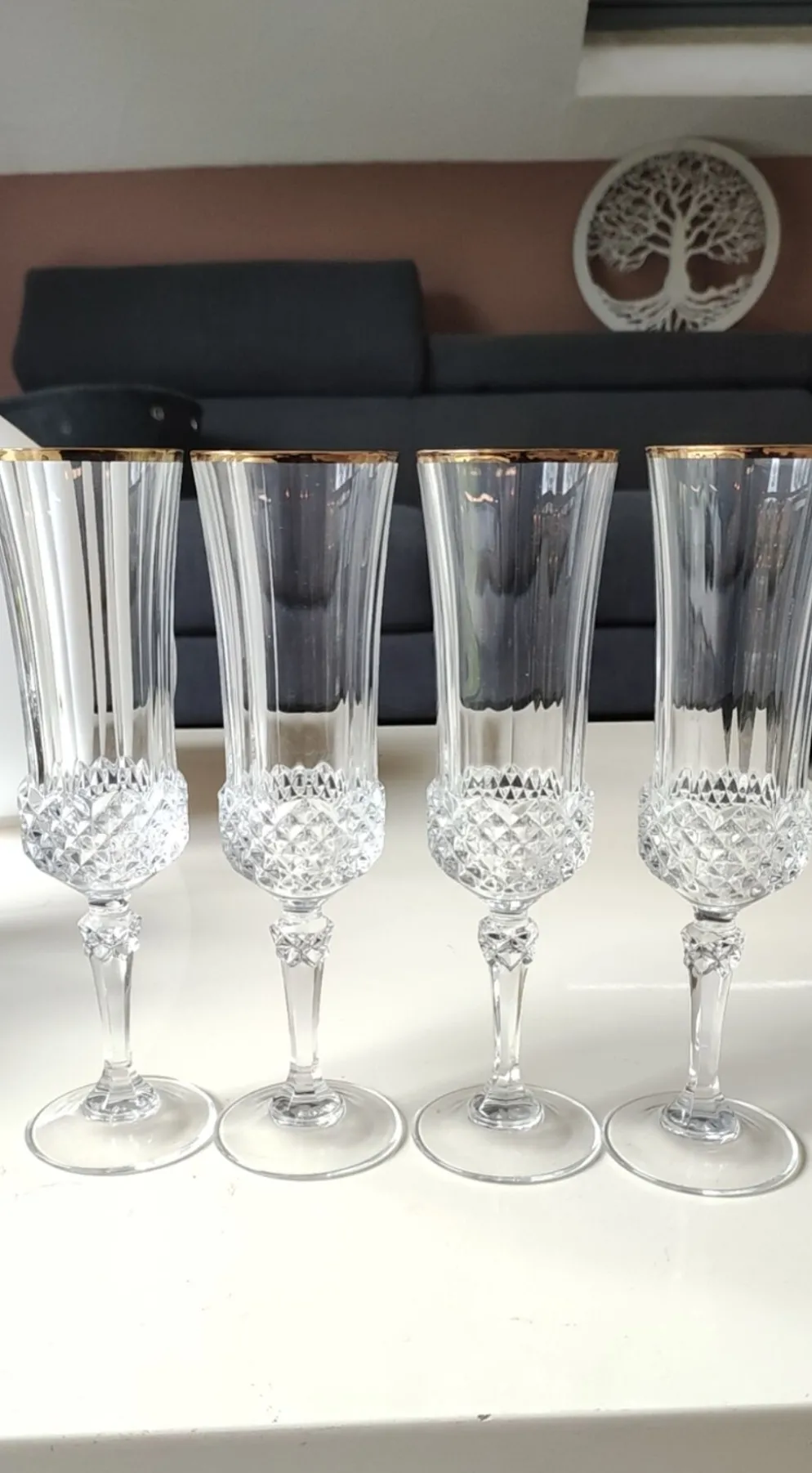 Lot 6 x Flûtes à Champagne cristal/Mod Valencay Gold/Cristal d Arques